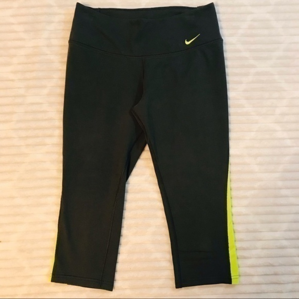 Nike Dri-Fit Gray Neon Yellow Capri Leggings Running Capri Tights size xs